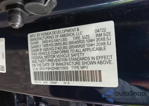 2022 Honda Passport Awd Ex-L from USA, damaged, VIN 5FNYF8H52NB010909